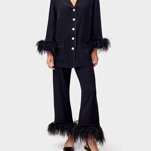 Sleeper Brand Black Feather Trim Pajama Set